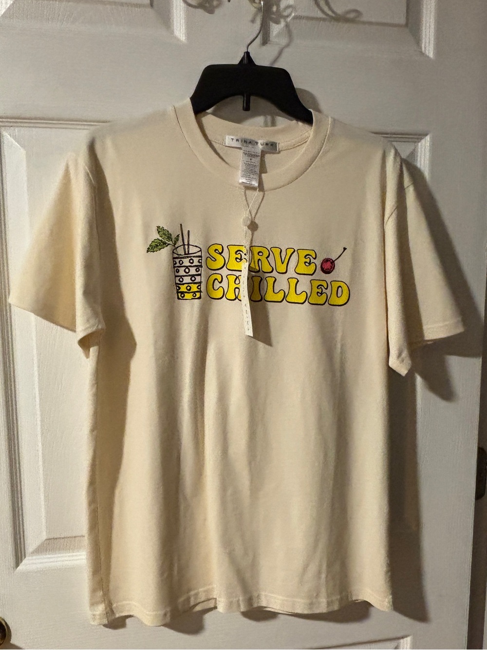 Trina Turk Cream/Ecru 'Serve Chilled' Graphic Tee with Yellow Print M